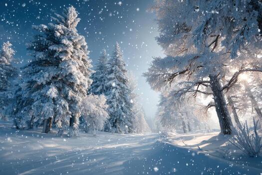 Snow-covered forest landscape with tall evergreen trees, soft sunlight filtering through branches, creating a serene winter atmosphere with falling snowflakes photo