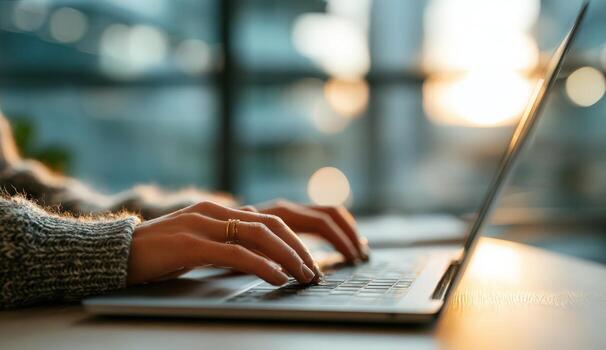 Female hands typing on a laptop keyboard, with a cozy sweater, illuminated by warm sunlight streaming through large windows, creating a productive and inviting workspace atmosphere photo