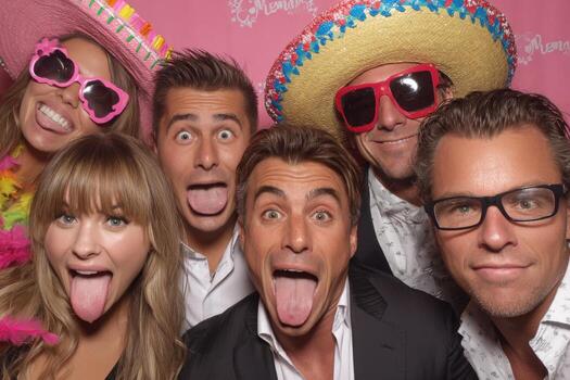 Group of cheerful friends, wearing colorful accessories and playful expressions, pose together in a fun photo booth setting, capturing joyful moments of celebration and camaraderie