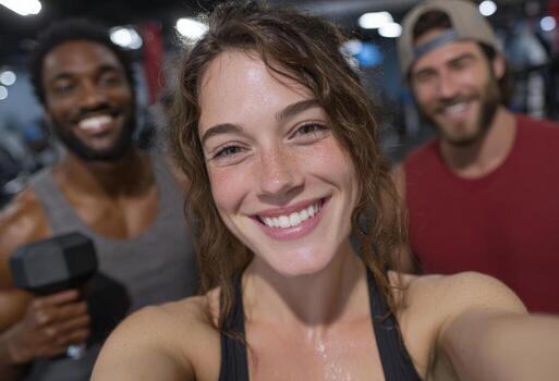 Group of diverse individuals smiling and posing for a selfie in a gym, showcasing fitness enthusiasm and camaraderie in a vibrant workout environment photo