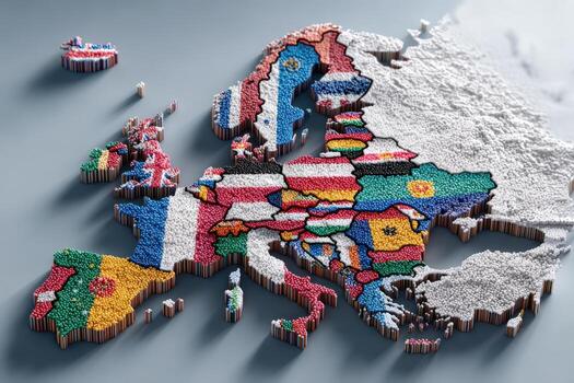 Colorful representation of Europe created with vibrant candies arranged to depict various countries, showcasing creativity and artistic expression in a playful manner photo