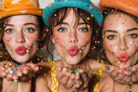 Three cheerful women wearing colorful hats are blowing confetti from their hands, celebrating joyfully, creating a vibrant atmosphere of fun and excitement during a festive occasion photo