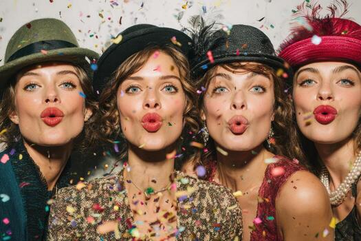 Group of four women with stylish hats and vibrant makeup, celebrating with confetti, showcasing joyful expressions and a festive atmosphere in a lively party setting photo