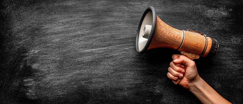 Hand holding a vintage megaphone against a textured black chalkboard background, symbolizing communication, announcements, and public speaking in a creative setting photo
