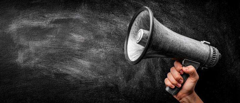 Hand holding a vintage megaphone against a textured black background, symbolizing communication, announcement, and public speaking in a creative visual context photo
