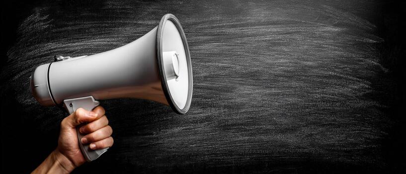 Hand holding a white megaphone against a textured black chalkboard background, symbolizing communication, announcements, and the power of voice in a creative environment photo