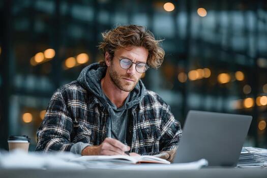 Male student with curly hair wearing glasses, studying at a table with laptop and notebook, surrounded by modern architecture, showcasing focused learning environment photo