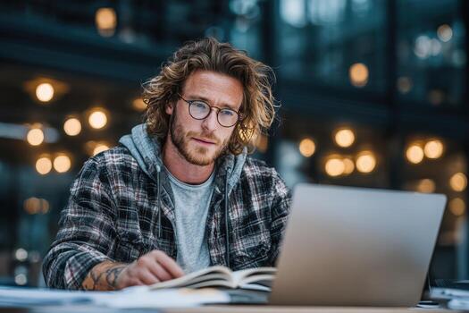 Young man with curly hair and glasses is studying at a desk with an open book and laptop, surrounded by warm ambient lighting in a modern workspace photo