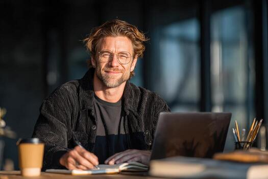 Caucasian man with glasses is sitting at a desk, smiling while writing in a notebook, with a laptop and coffee cup nearby, showcasing a productive workspace atmosphere photo