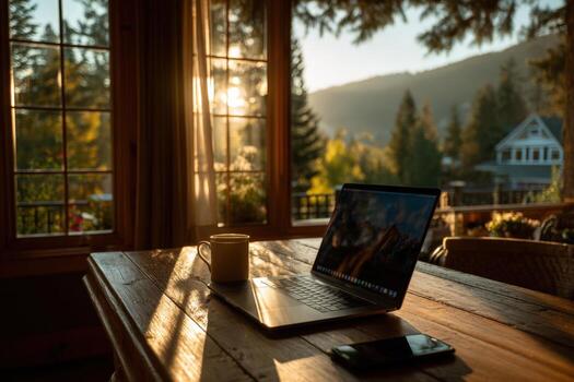 ordenador portátil en de madera mesa con café taza, luz de sol transmisión mediante ventanas, exhibiendo un acogedor espacio de trabajo con escénico montaña ver y calentar ambiente para productividad y relajación foto