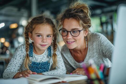 Woman and girl engaged in learning together, studying at a table with books and colorful stationery, showcasing a nurturing educational environment and bonding experience photo