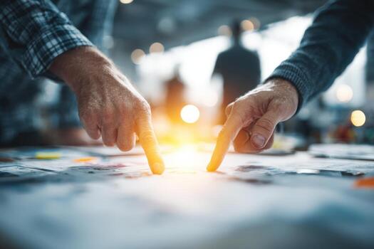 Two hands pointing at a document on a table, illuminated by warm light, surrounded by blurred figures in the background, showcasing collaboration and teamwork in a creative workspace photo