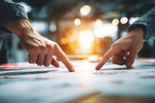 Two hands pointing at documents on a table, with a warm light in the background, illustrating collaboration and teamwork in a creative workspace environment photo