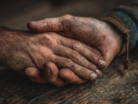 Two hands, one with dirt and calluses, clasping another, showcasing the bond of friendship and support, against a rustic wooden background, symbolizing unity and connection photo