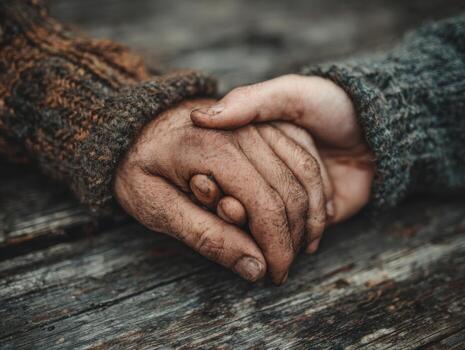 Two hands, one with dirt and the other with a textured knit sleeve, are clasped together on a rustic wooden surface, symbolizing connection and unity in a warm atmosphere photo