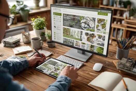 Individual engaged in digital design work, using tablet and computer, surrounded by plants and stationery, showcasing a creative workspace with natural elements and modern technology photo