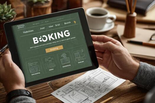 Individual using tablet to explore booking website, surrounded by coffee and sketches, showcasing modern technology and creative workspace atmosphere photo