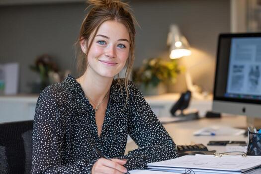 Young woman with long brown hair, wearing a black polka dot blouse, is smiling while sitting at a desk with a computer, showcasing a professional and inviting workspace atmosphere photo