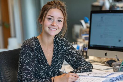 Young woman with long hair, smiling while working at a desk, surrounded by office supplies and a computer, showcasing a productive and engaging work environment photo