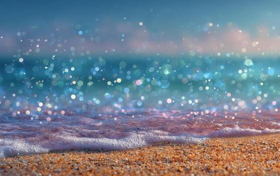 Soft waves gently lap against a sandy beach, creating a serene atmosphere with sparkling water droplets and a dreamy bokeh effect in the background, evoking tranquility and relaxation photo