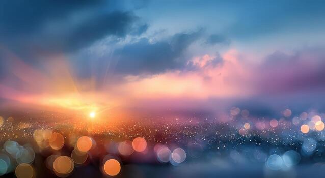 Vibrant sunset over a city skyline, showcasing a blend of warm colors and soft bokeh effects, creating a serene atmosphere with captivating visual depth and beauty photo