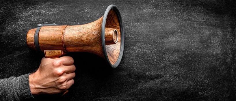 Hand holding a vintage wooden megaphone against a dark textured background, symbolizing communication, announcements, and the power of voice in a creative setting photo