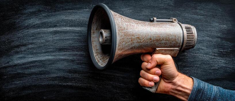 Hand holding a vintage megaphone against a textured black background, symbolizing communication, announcement, and the power of voice in a creative and artistic way photo