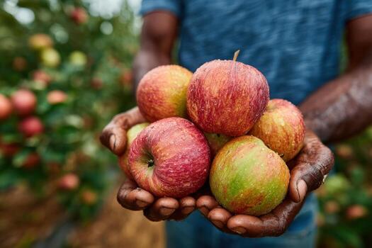 African American man holding freshly picked apples in hands, showcasing vibrant colors and textures, surrounded by lush apple trees in an orchard setting photo