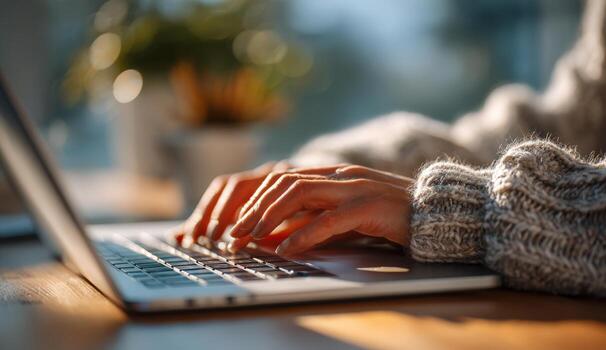Close-up of hands typing on a laptop keyboard, showcasing a cozy workspace with natural light, warm wooden table, and a blurred background of plants and soft ambiance photo