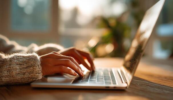 Close-up of a female hand typing on a laptop keyboard, with warm sunlight illuminating the workspace, showcasing a cozy and productive environment with natural elements photo