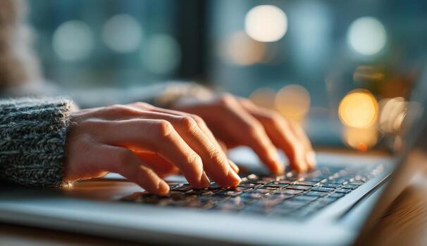 Close-up of hands typing on a laptop keyboard, with warm ambient lighting creating a cozy atmosphere, showcasing the act of working or studying in a modern environment photo