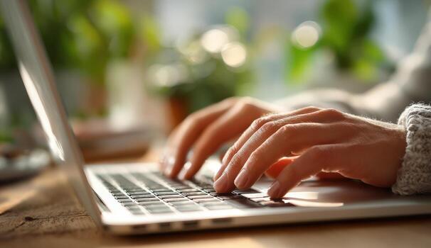 Hands of a person typing on a laptop keyboard, surrounded by greenery and natural light, creating a warm and inviting workspace atmosphere for productivity and creativity photo