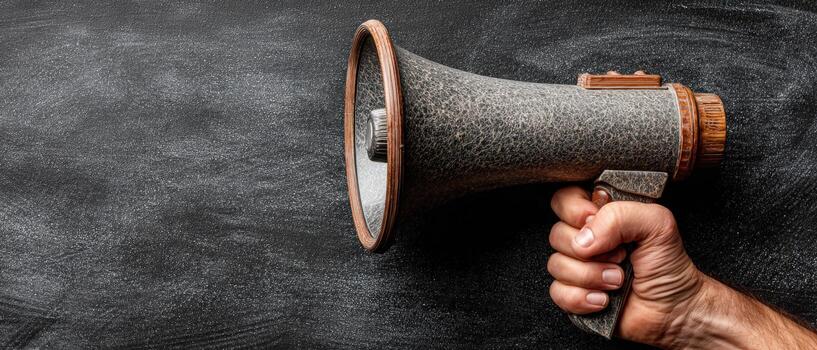 Hand holding a vintage megaphone with a textured surface, positioned against a dark chalkboard background, symbolizing communication and expression in a creative environment photo