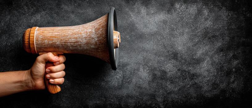 Hand holding a vintage wooden megaphone against a textured dark background, symbolizing communication, announcement, and the power of voice in a creative context photo
