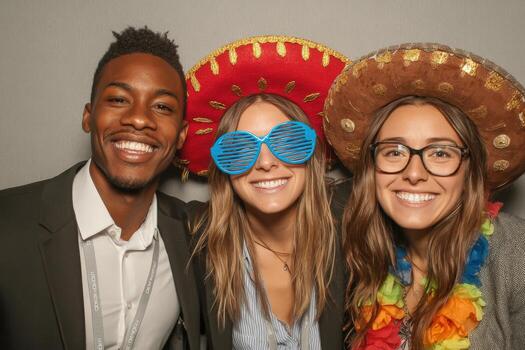 Group of three friends wearing colorful hats and playful accessories, smiling joyfully in a photo booth, capturing a fun and lively celebration atmosphere
