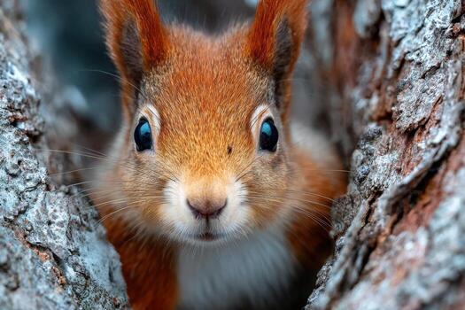 Red squirrel peeking from behind tree bark, showcasing its vibrant fur and expressive eyes, surrounded by textured wood, capturing a moment of wildlife curiosity and charm photo