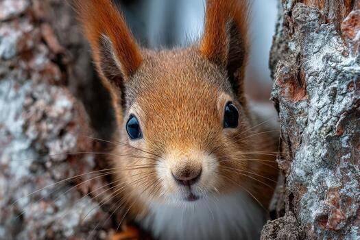 Close-up of a small brown squirrel peeking out from between tree bark, showcasing its bright eyes and fluffy ears in a natural woodland environment photo