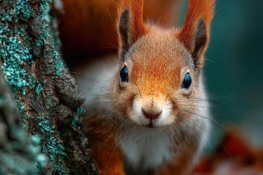 Close-up of a curious red squirrel perched on a tree trunk, showcasing its vibrant fur and expressive eyes, surrounded by natural forest elements and textures photo