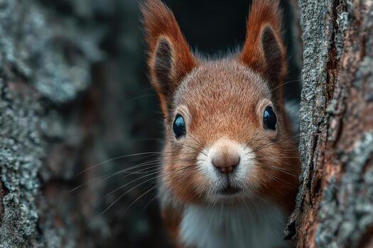 Close-up of a curious red squirrel peeking from behind a tree trunk, showcasing its vibrant fur and expressive eyes, surrounded by textured bark and natural forest environment photo