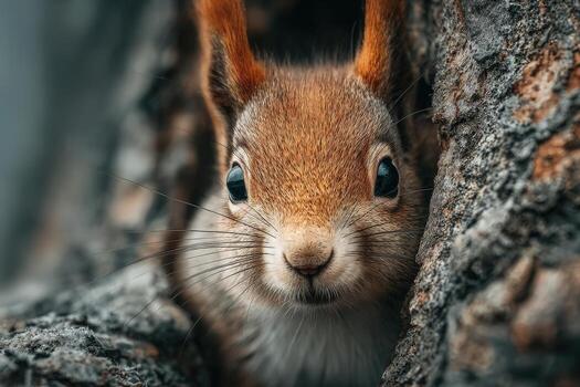 Close-up of a curious squirrel peeking from behind a tree bark, showcasing its expressive eyes and soft fur, highlighting the beauty of wildlife in a natural habitat photo
