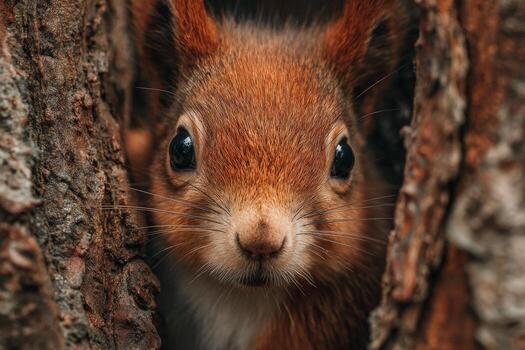 Close-up of a curious red squirrel peeking from a tree trunk, showcasing its expressive eyes and soft fur, surrounded by textured bark and natural environment photo