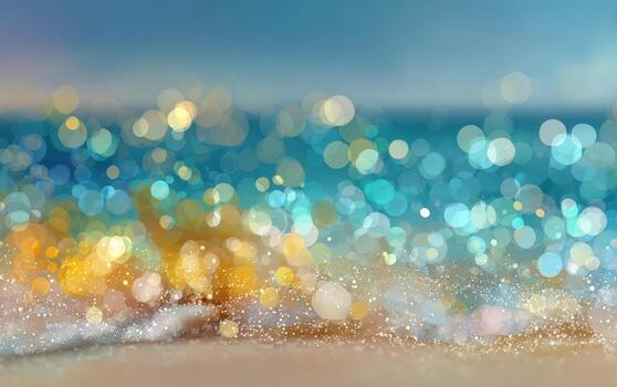 Abstract bokeh background featuring shimmering blue and golden hues, capturing the essence of a tranquil beach scene with soft waves and sparkling light reflections photo