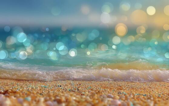 Soft sandy beach with gentle waves lapping at the shore, sparkling water reflecting sunlight, creating a serene and tranquil coastal atmosphere for relaxation and escape photo