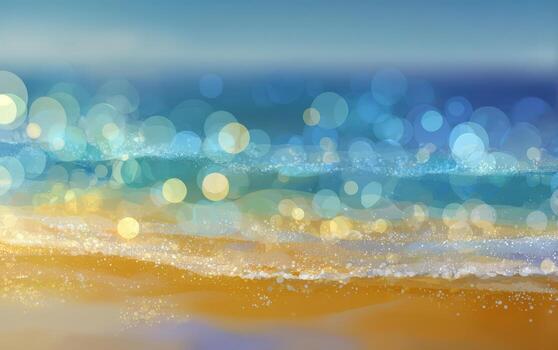 Abstract illustration of a serene beach scene with soft waves, shimmering bokeh lights, and a gradient sky, evoking a tranquil summer atmosphere and relaxation concept photo