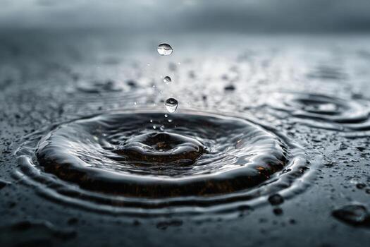 Close-up of water droplets creating ripples on a dark surface, showcasing the beauty of nature's elements and the intricate patterns formed by liquid interactions photo