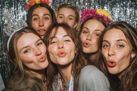 Group of young women with playful expressions and colorful accessories are posing together in a festive setting, showcasing joy and friendship in a vibrant atmosphere photo