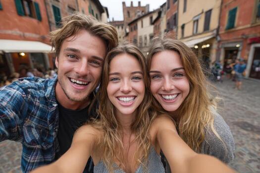 grupo de Tres joven adultos sonriente alegremente mientras tomando un selfie en un vibrante urbano configuración, exhibiendo amistad y felicidad yo foto