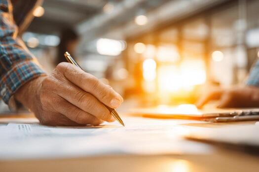Close-up of a male hand writing with a pen on documents at a desk, surrounded by office materials, capturing the essence of productivity and focus in a professional environment photo