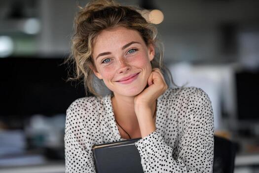 Young woman with curly hair, wearing a polka dot blouse, is smiling while resting her chin on her hand, surrounded by a modern workspace filled with computers and soft lighting photo