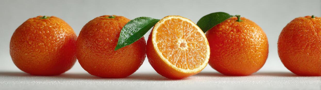 Fresh oranges arranged in a row, showcasing vibrant colors and textures, with one orange sliced in half revealing juicy segments and green leaves enhancing the visual appeal photo
